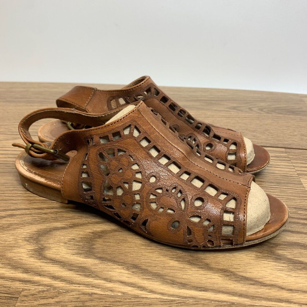 Ron White Brown Laser Cut Flat Cage Leather Sandals Womens Size 39 US 8